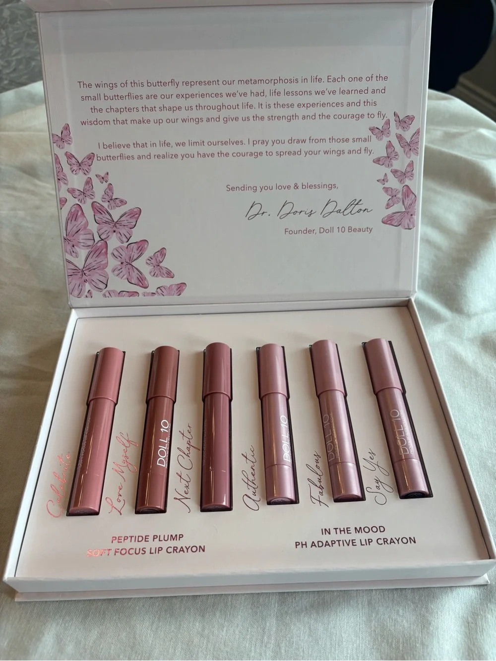 Doll 10 Peptide Plump Lip Crayon 6 Piece lip Set New in Box Lipstick Pink Shades